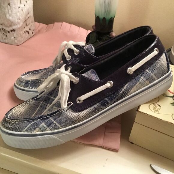 Sperry Women’s Size 7.5M Green, Blue & White Plaid Top Siders Loafer - Picture 2 of 12